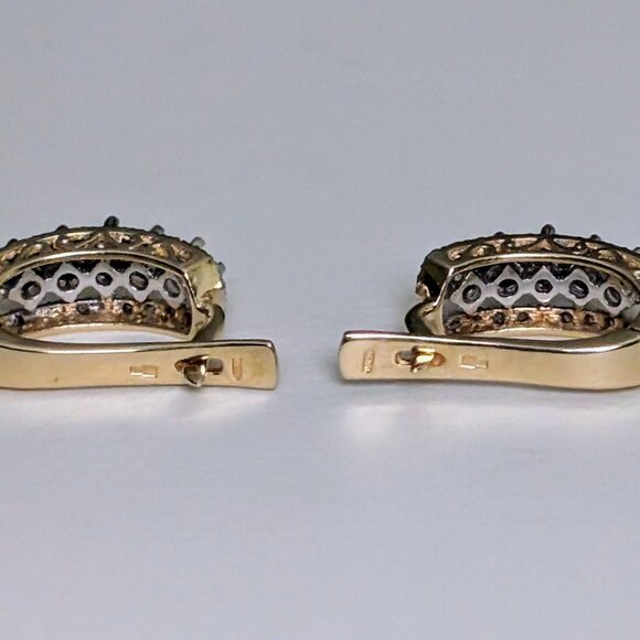 Russian Russia Solid 14K Yellow White Gold Diamond Cluster Pierced Earrings - Picture 8 of 10